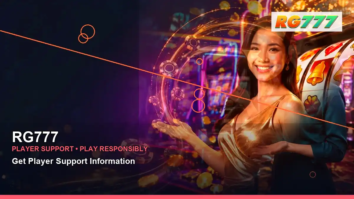 RG777 reels casino bonus games featuring an adult Filipina casino host with a right-framed composition