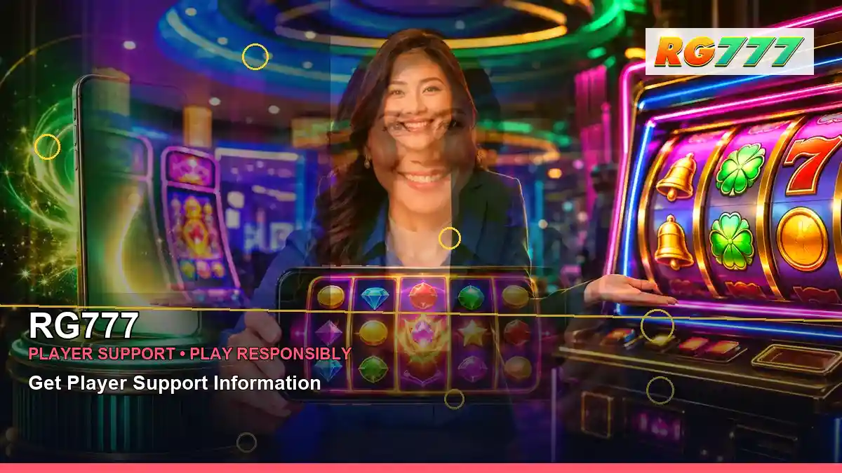 RG777 lucky reels online slot games featuring an adult Filipina casino host with a right close-up composition